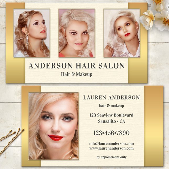 Su tarjeta de visita Gold Hair Beauty (Makeup and hair salon business card featuring your photos portfolio on gold and cream)