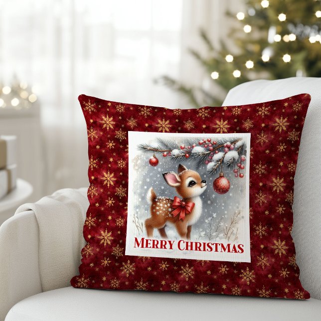 Suave escena de invierno, almohada de Navidad con  (Gentle winter scene baby fawn Christmas pillow (49))