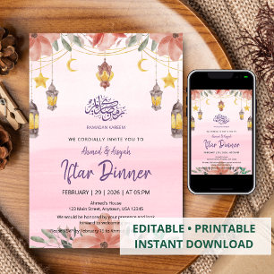Suave Invitación de Iftar Floral Acuarela Rosa par