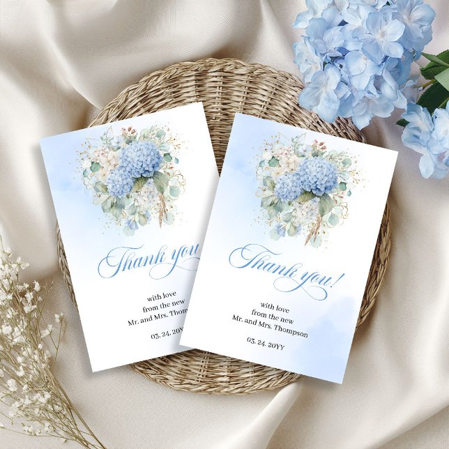 Suaves Hortensias Azules Eucalipto Agradecimiento  (Soft Blue Hydrangeas Eucalyptus Wedding thank you card)