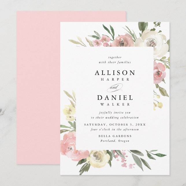 Subtle Blooms | Invitación de Boda con Marco (Anverso / Reverso)