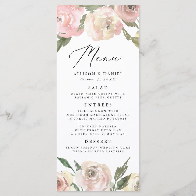 Subtle Blooms | Tarjeta de menú de boda floral (Anverso)