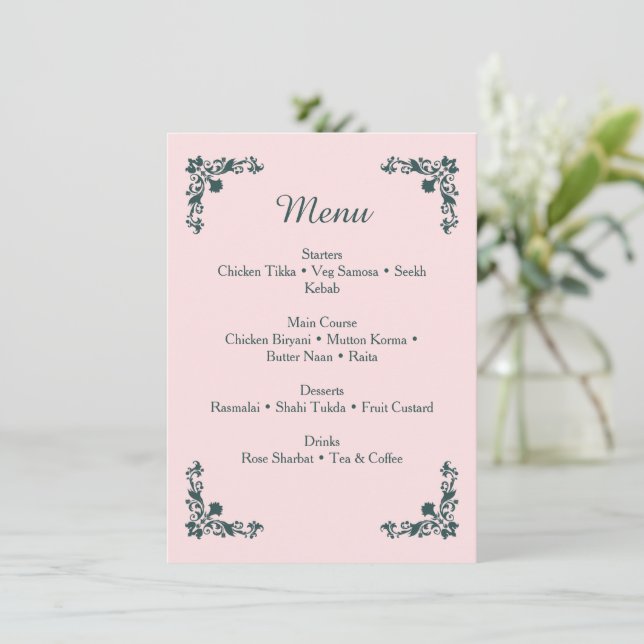 Subtle Blush & Slate Gray Floral Dinner Menu (Anverso de pie)
