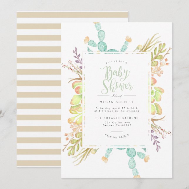 Suculenta acuarela de Bouquet | Invitación de Baby (Anverso / Reverso)
