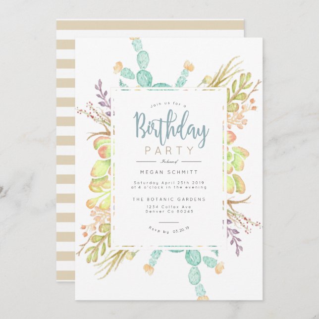 Suculenta acuarela de Bouquet | Invitación de cump (Anverso / Reverso)