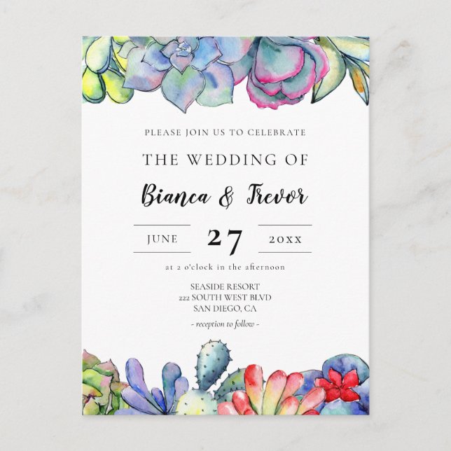 Suculenta invitación a la boda de cactus acuarela (Anverso)