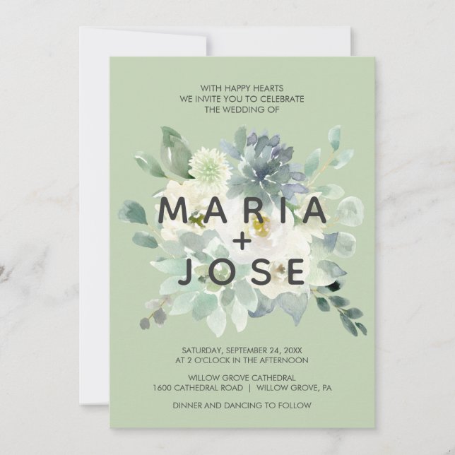Suculenta invitación a la boda de verde (Anverso)
