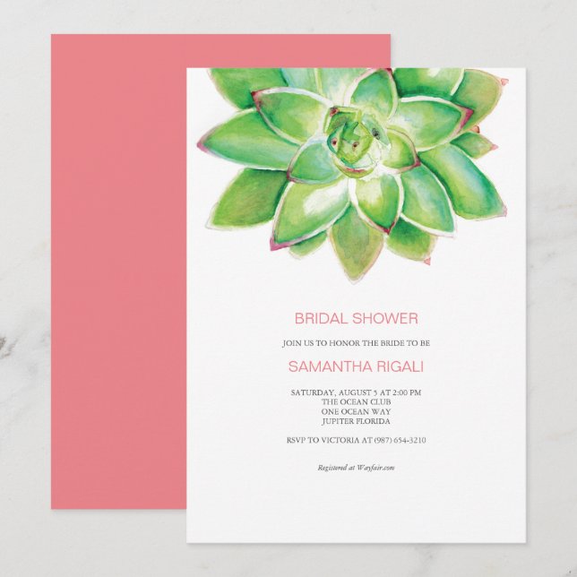 Suculenta Invitación A La Ducha Bridal, Acuarela I (Anverso / Reverso)