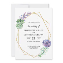 Suculenta invitación de boda púrpura elegante oro