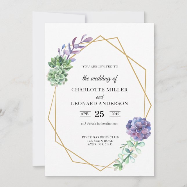 Suculenta invitación de boda púrpura elegante oro (Anverso)