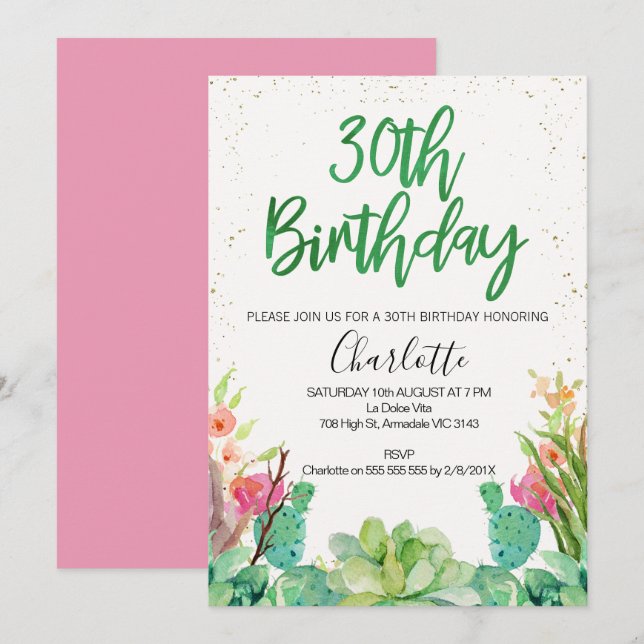 Suculenta invitación de Cactus 30 cumpleaños (Anverso / Reverso)