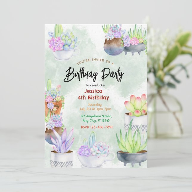 Suculenta Soiree: Invitación al cumpleaños de la M (Anverso de pie)