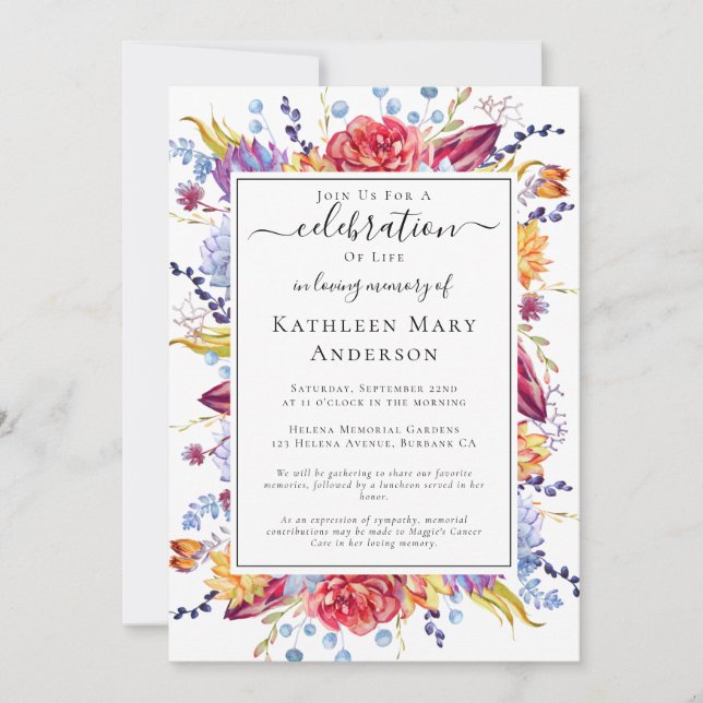 Suculentas invitaciones a conmemoración de la vida (Anverso)