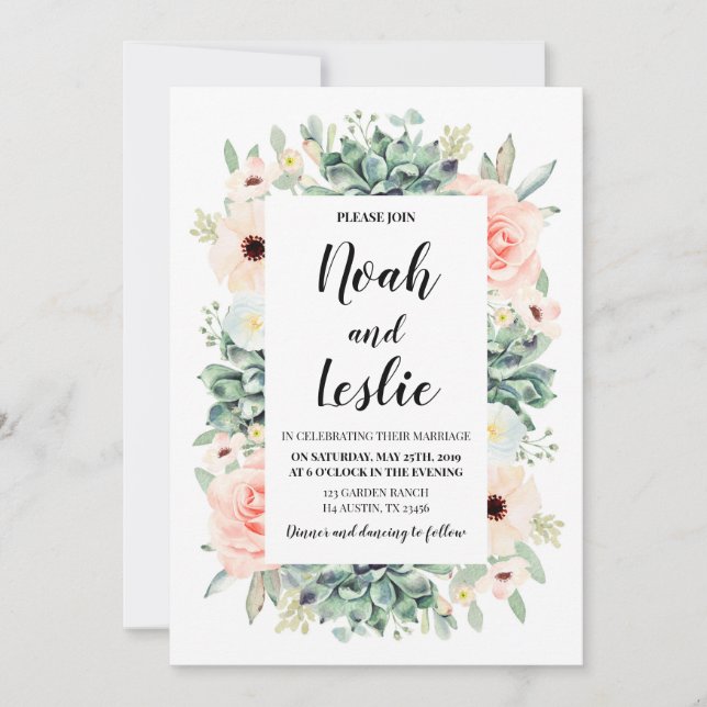 Suculentas invitaciones de boda floral (Anverso)
