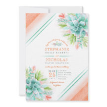 Suculentas invitaciones de boda naranja verde acua