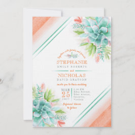 Suculentas invitaciones de boda naranja verde acua