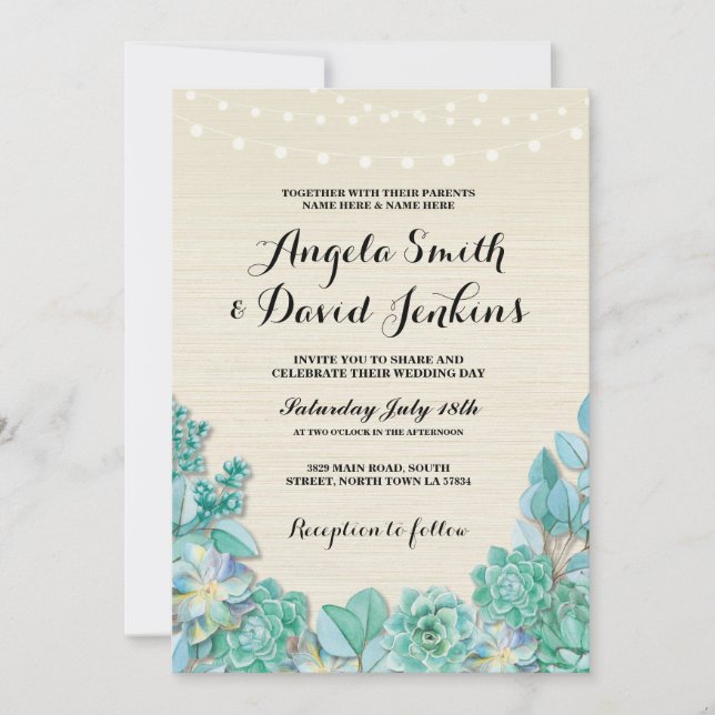 Suculentas invitaciones de bodas Mint Rustic Light (Anverso)