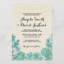 Suculentas invitaciones de bodas Mint Rustic Light