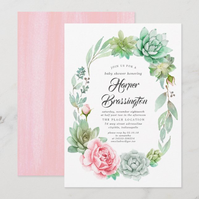 Suculentas invitaciones de Chica de Baby Shower (Anverso / Reverso)