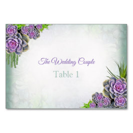 Suculentas tarjetas de mesa violeta y verde marino