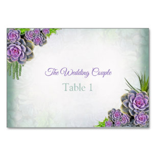Suculentas tarjetas de mesa violeta y verde marino