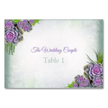Suculentas tarjetas de mesa violeta y verde marino
