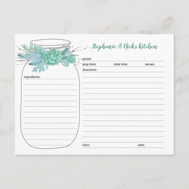 Suculentas tarjetas de recetas de ducha de novia M (Anverso)