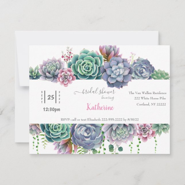 Suculento acuarela Bridal Shower Invitación (Anverso)