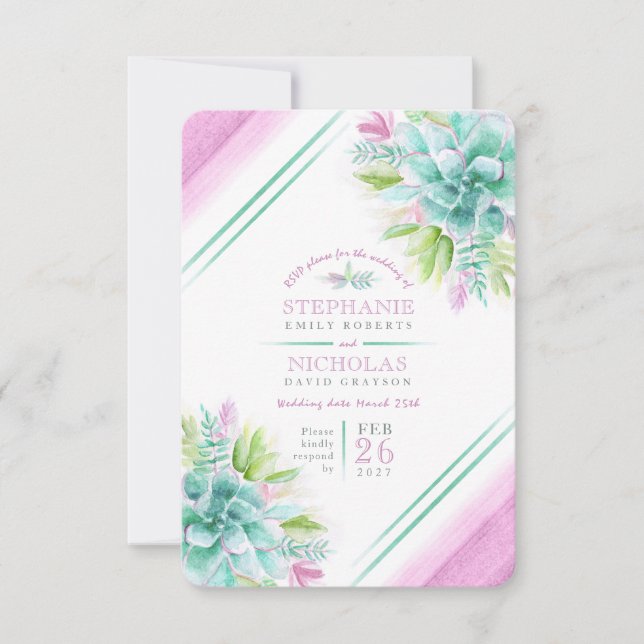 Suculento boda verde rosa RSVP (Anverso)