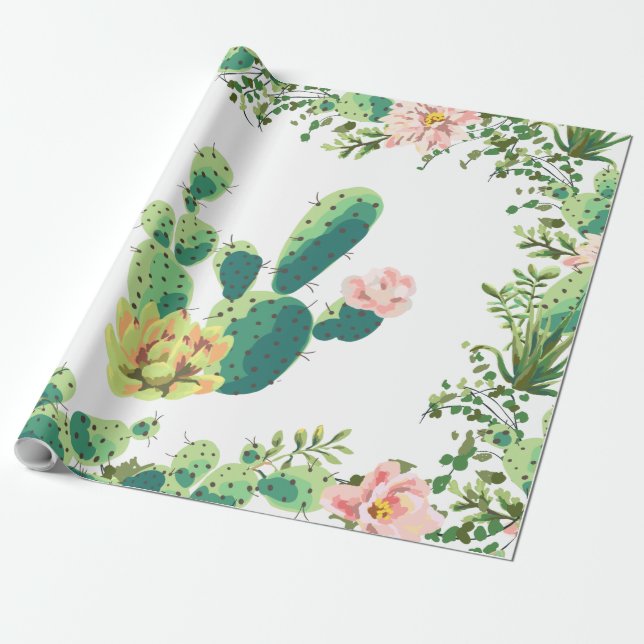 Suculento Cactus Bohemian Roll de papel de envolvi (Desenrollado)