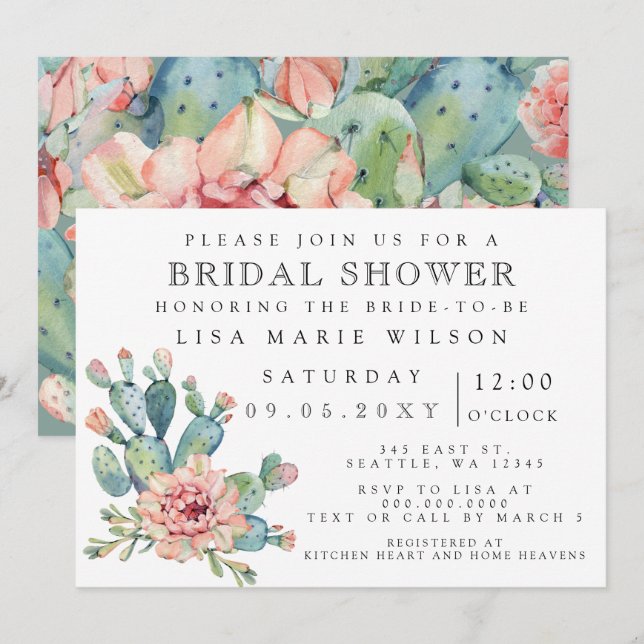 Suculento Cactus Rosa Bridal Shower Invitación (Anverso / Reverso)