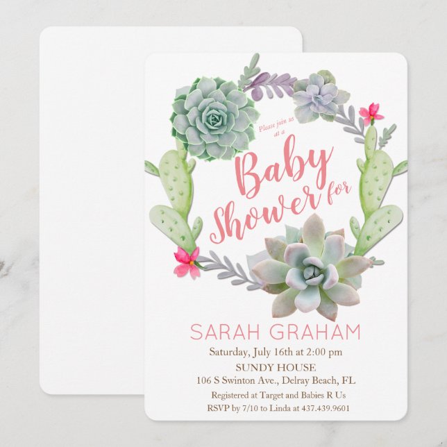 Suculento Cactus Wreath Invitación Baby Shower (Anverso / Reverso)