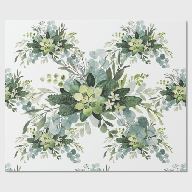 Suculento verde suave Boda Floral Papel Botánico (Superficie plana)