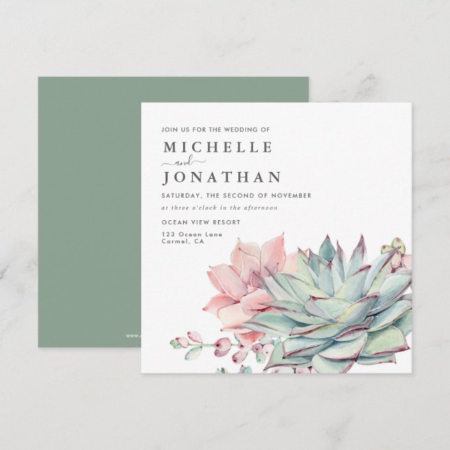 Suculentos dulces Invitación a la Boda Verde Rosa (Anverso / Reverso)