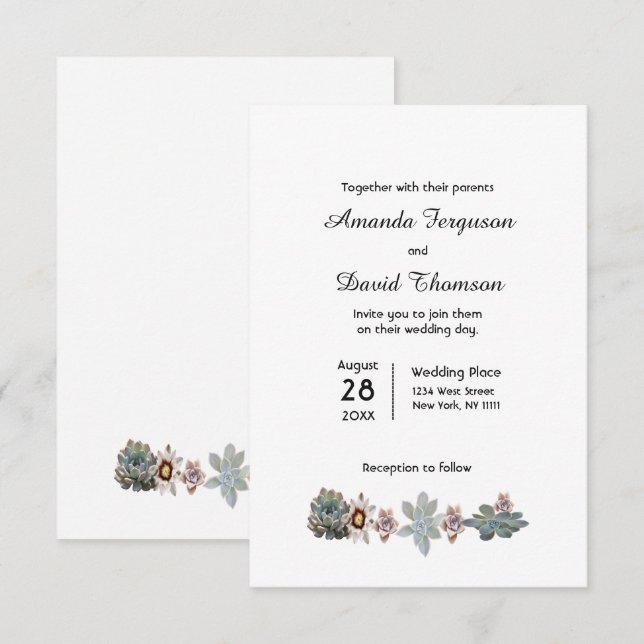 Suculentos elegantes en invitación de boda blanca (Anverso / Reverso)