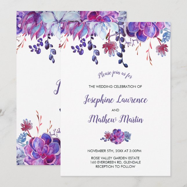 Suculentos púrpura y la invitación a la boda de fo (Anverso / Reverso)