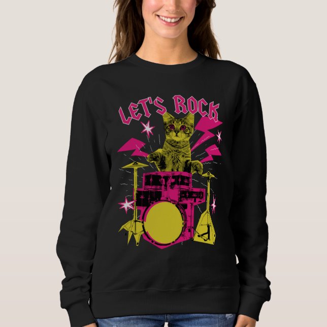 Sudadera 80s Rock N Roll Girl Cat Let's Rock (Anverso)