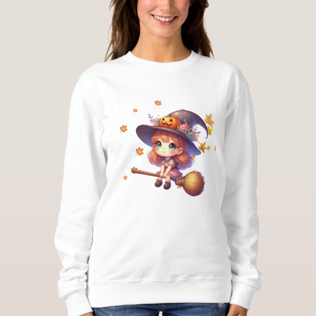 Sudadera Adorable Bruja Cute volando con escoba, Halloween (Anverso)
