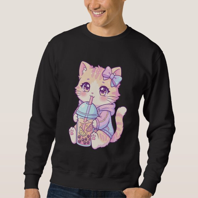 Sudadera Adorable Pastel Tabby Cat Drinking Boba Art Kawaii (Anverso)