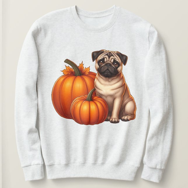Sudadera Adorable Pug Sentado junto a Calabazas con Otoño  (Anverso del diseño)