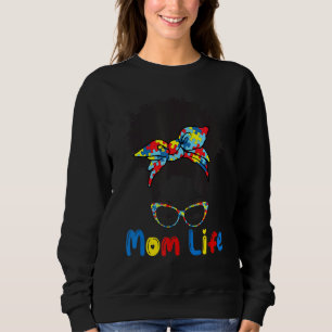 Sudadera Afro Messy Bun Hair Mom Life with Autism Puzzle Su