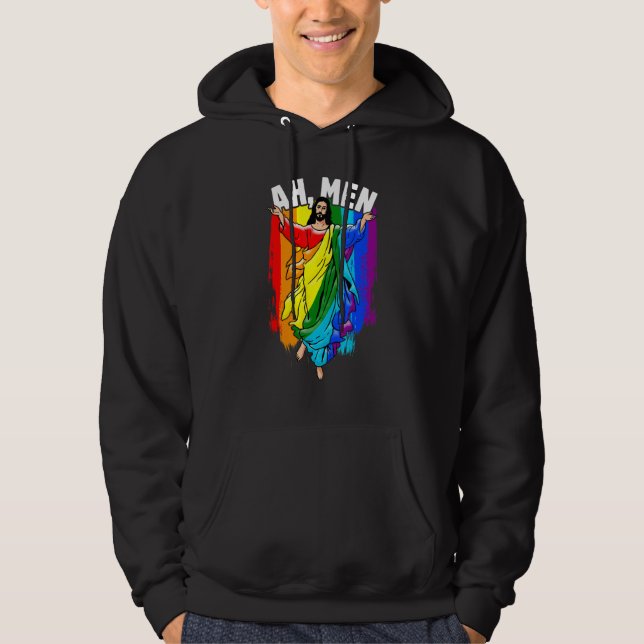 Sudadera Ah Men Gay Jesus LGBTQ Pride Rainbow (Anverso)