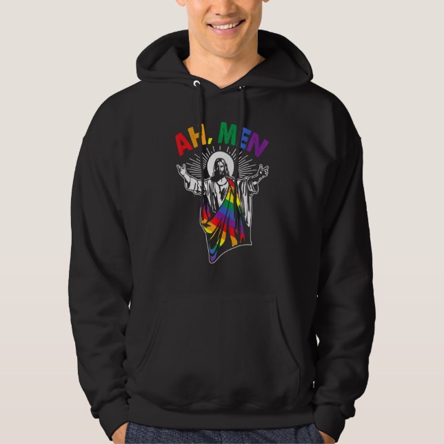 Sudadera Ah Men Lgbt Orgullo Gay Jesús Bandera Arcoiris Cri (Anverso)