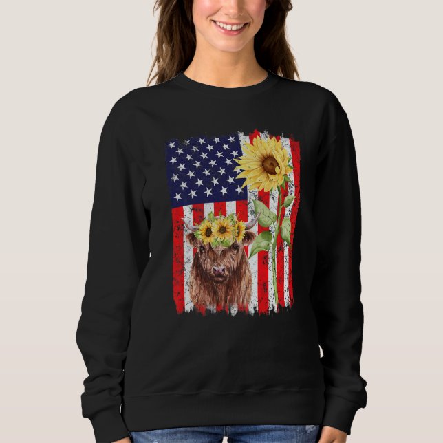 Sudadera American Flag Farm Cow Sunflower Farming Highland (Anverso)