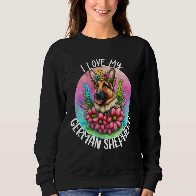 Sudadera Amo a mi perro pastor alemán flores cachorro mamá (Anverso)