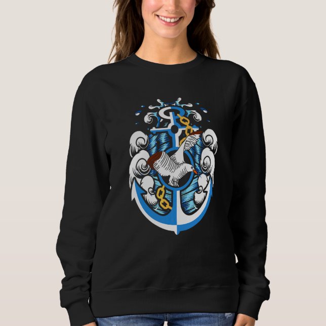 Sudadera Ancla con olas de cadena y gaviotas mar y costa (Anverso)