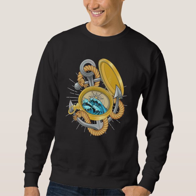 Sudadera Ancla de barco de vela olas brújula patrón mariner (Anverso)