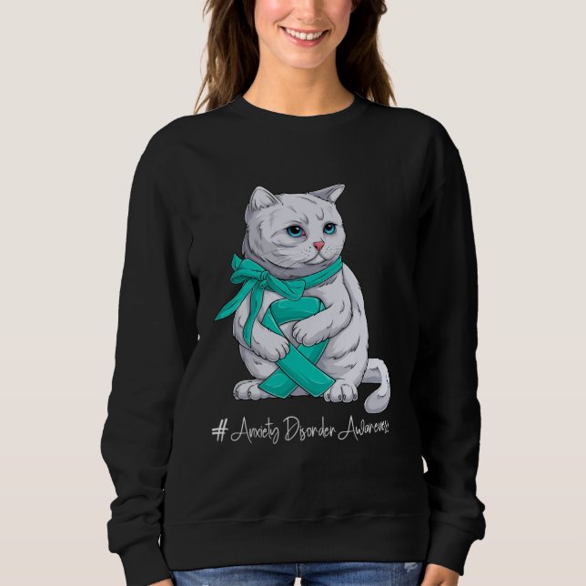 Sudadera Anxiety Disorder Awareness Month Teal Ribbon Cat (Anverso)