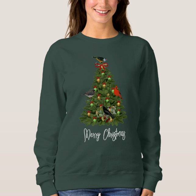 Sudadera Árbol de Navidad con aves festivas  (Anverso)
