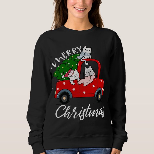 Sudadera Árbol de navidad de gatos en camiones rojos árbol  (Anverso)